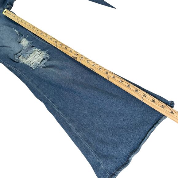 Almost Famous Distressed Denim 90's Flare Blue Jeans Sz 3 Bell Bottoms Stretch - Picture 11 of 14